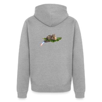 Lustige Katze reitet auf fliegendem Bananenblatt mit Turbo Exh - Unisex Premium Bio Zip Hoodie - Grau meliert - Hinten - Nico (187cm)