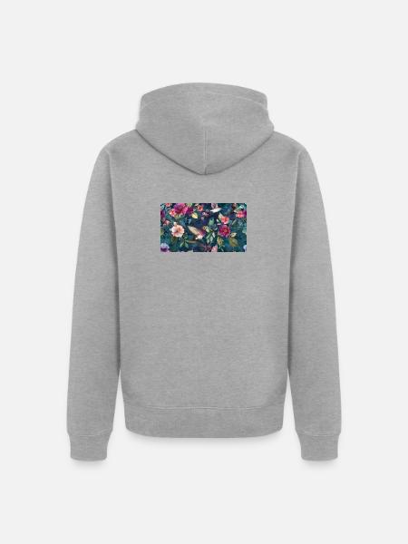 Tropische Kolibriblüten in Mitternachtsblau - Unisex Premium Bio Zip Hoodie - Grau meliert