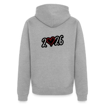 2026 Herz - Unisex Premium Bio Zip Hoodie - Grau meliert - Hinten - Nico (187cm)
