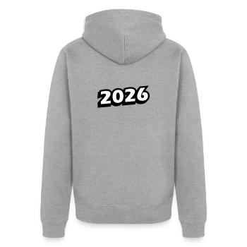 2026 Jahr - Unisex Premium Bio Zip Hoodie - Grau meliert - Hinten - Nico (187cm)