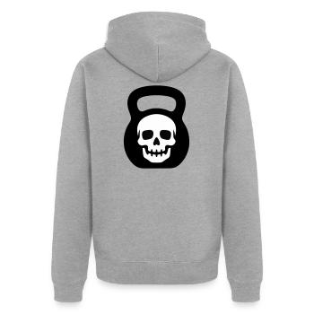 Totenkopf Kettlebell Logo - Unisex Premium Bio Zip Hoodie - Grau meliert - Hinten - Nico (187cm)