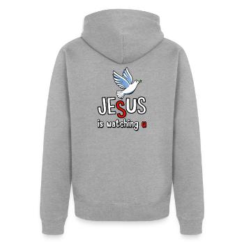 Jesus is watching u - Unisex Premium Bio Zip Hoodie - Grau meliert - Hinten - Nico (187cm)