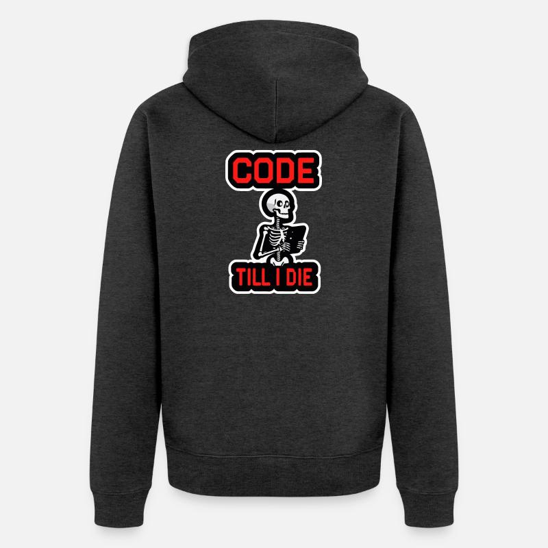 Skelett mit Computer CODE TILL I DIE - Unisex Premium Bio Zip Hoodie - Anthrazit meliert