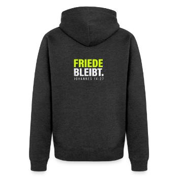 Friede bleibt – Johannes 14,27 - Unisex Premium Bio Zip Hoodie - Anthrazit meliert - Hinten - Nico (187cm)