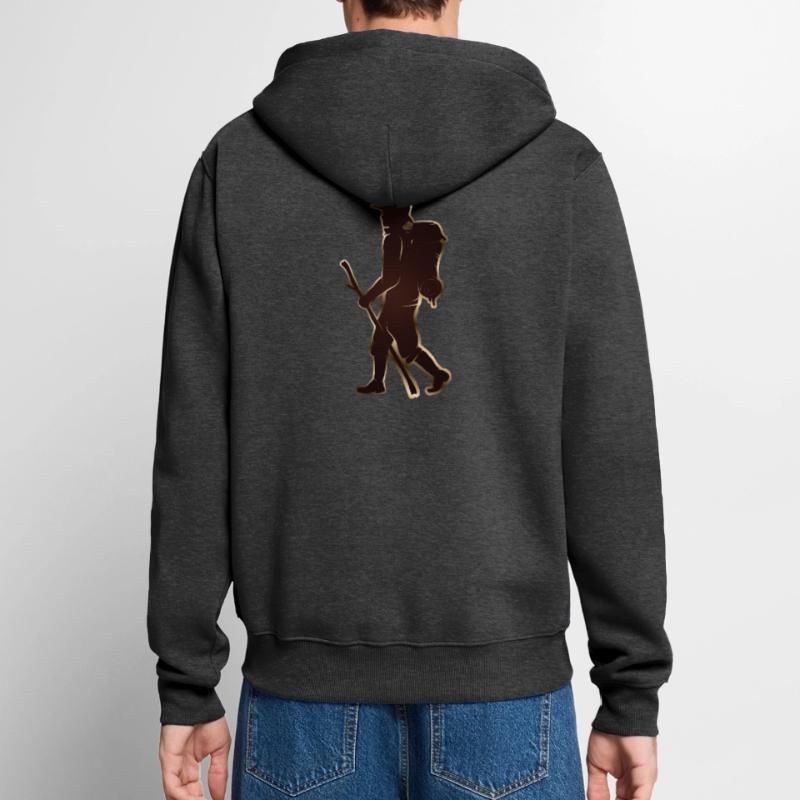 Pilger oder Wanderer mit Wanderstab & Rucksack Unisex Premium Bio Zip Hoodie