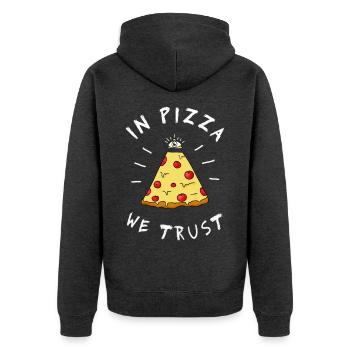 In Pizza We Trust Pizza Slice illuminati Auge Nerd - Unisex Premium Bio Zip Hoodie - Anthrazit meliert - Hinten - Nico (187cm)