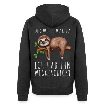 Der Wille war da ich hab ihn weggeschickt Faultier - Unisex Premium Bio Zip Hoodie - Anthrazit meliert - Hinten - Nico (187cm)