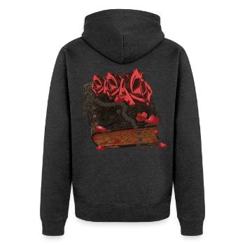 Bücher Design, Blutflecken, Rosenblüten - Unisex Premium Bio Zip Hoodie - Anthrazit meliert - Hinten - Nico (187cm)