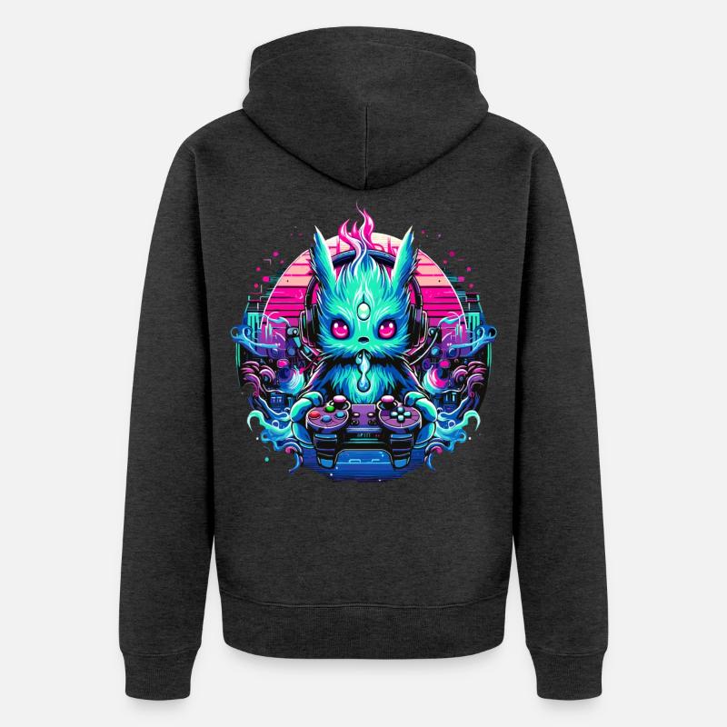 Synthwave Zocker Gaming Alien - Unisex Premium Bio Zip Hoodie - Anthrazit meliert