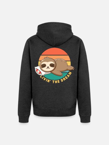 Funny Happy Lazy Sleeping Sloth Livin' the Dream - Unisex Premium Organic Zip Hoodie - heather anthracite