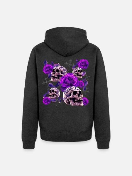 Violette Schädelrosen Tattoo - Unisex Premium Bio Zip Hoodie - Anthrazit meliert