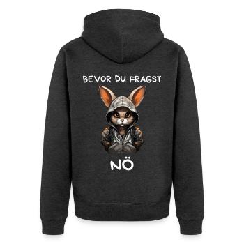 Kaninchen mit Kapuze – Bevor du fragst: Nö - Unisex Premium Bio Zip Hoodie - Anthrazit meliert - Hinten - Nico (187cm)