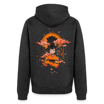 Geisha avec temple des cerisiers en fleurs - Veste à capuche bio Premium Unisexe - anthracite chiné - Dos - Nico (187cm)
