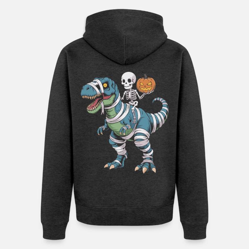 T-Rex d’Halloween avec skellet et citrouille - Veste à capuche bio Premium Unisexe - anthracite chiné