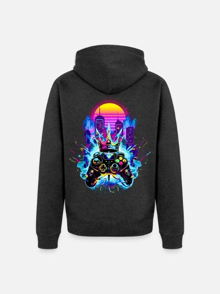 Gaming King Retrowave Controller Neon 80s Stadt - Unisex Premium Bio Zip Hoodie - Anthrazit meliert