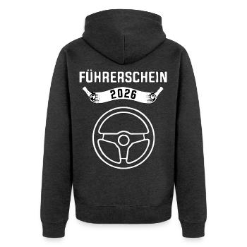 Führerschein 2026 Bestanden Lenkrad - Unisex Premium Bio Zip Hoodie - Anthrazit meliert - Hinten - Nico (187cm)
