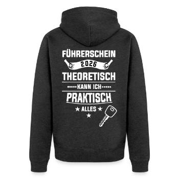 Führerschein 2026 Theorie Praxis - Unisex Premium Bio Zip Hoodie - Anthrazit meliert - Hinten - Nico (187cm)