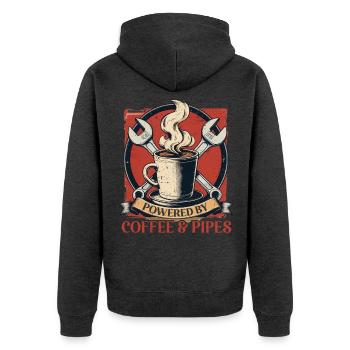 Rohrleger Powered By Coffee & Pipes - Unisex Premium Bio Zip Hoodie - Anthrazit meliert - Hinten - Nico (187cm)