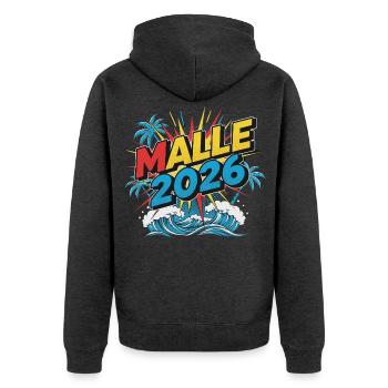 Malle 2026 Party Urlaub - Unisex Premium Bio Zip Hoodie - Anthrazit meliert - Hinten - Nico (187cm)
