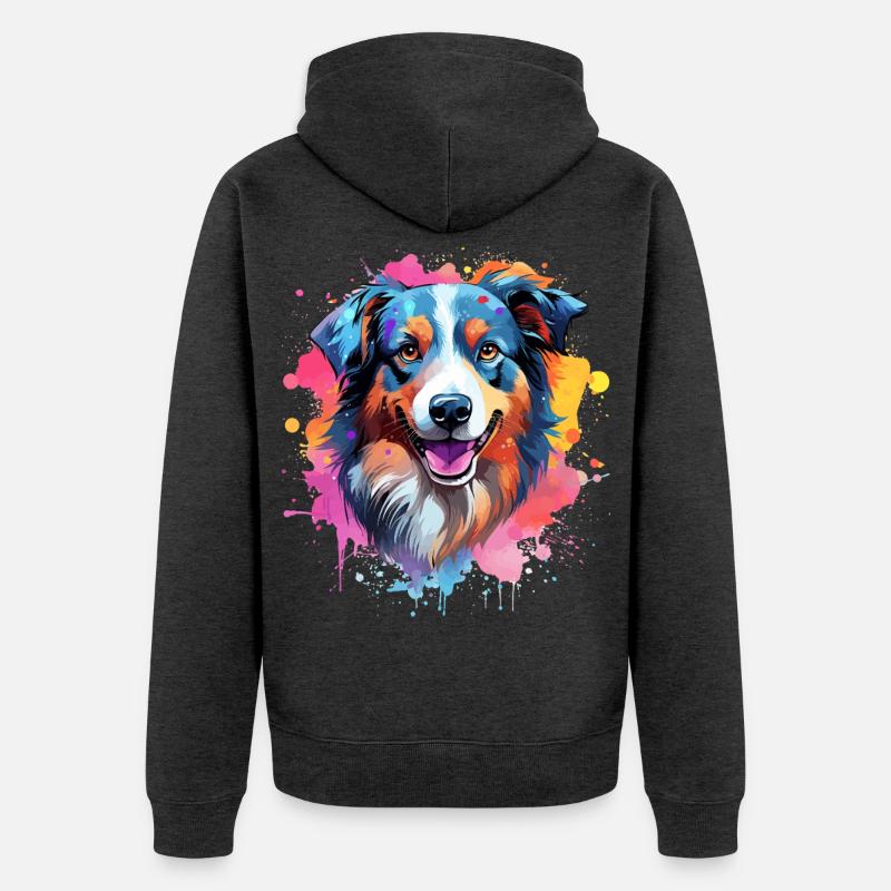 Farbenfrohe Splash-Kunst Australischer Schäferhund - Unisex Premium Bio Zip Hoodie - Anthrazit meliert