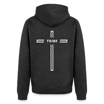 Tekno Tribe Cross – Teuf Free Party Rave - Unisex Premium Bio Zip Hoodie - Anthrazit meliert - Hinten - Nico (187cm)
