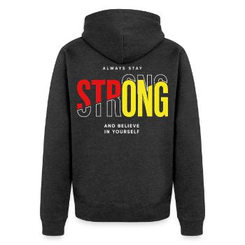 Stay Strong Typo with Confidence - Unisex Premium Organic Zip Hoodie - heather anthracite - Back - Nico (187cm)