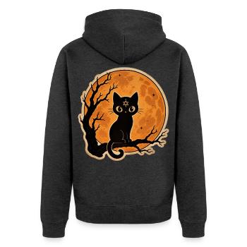 Schwarze Katze vor Vollmond Halloween Motiv - Unisex Premium Bio Zip Hoodie - Anthrazit meliert - Hinten - Nico (187cm)