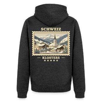 Schweiz Klosters Winter Vintage Reisemarke - Unisex Premium Bio Zip Hoodie - Anthrazit meliert - Hinten - Nico (187cm)