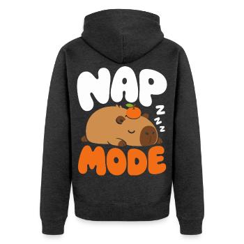 Capybara Nap Mode – Schlafen mit Mandarine - Unisex Premium Bio Zip Hoodie - Anthrazit meliert - Hinten - Nico (187cm)