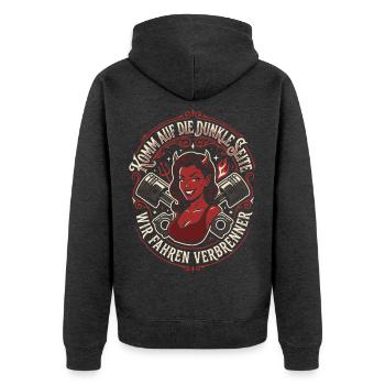 Komm auf die dunkle Seite, wir fahren Verbrenner - Unisex Premium Bio Zip Hoodie - Anthrazit meliert - Hinten - Nico (187cm)