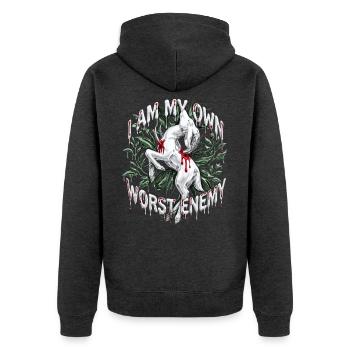 Ich bin mein eigener schlimmster Feind – dunkle, edgy Streetwear - Unisex Premium Bio Zip Hoodie - Anthrazit meliert - Hinten - Nico (187cm)