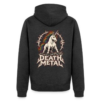 Death Metal Einhorn – Heavy Metal Regenbogen - Unisex Premium Bio Zip Hoodie - Anthrazit meliert - Hinten - Nico (187cm)