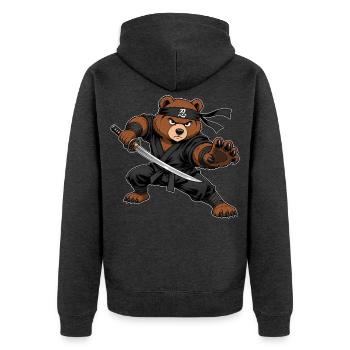 Ninja Bär mit Katana – Samurai Kämpfer - Unisex Premium Bio Zip Hoodie - Anthrazit meliert - Hinten - Nico (187cm)