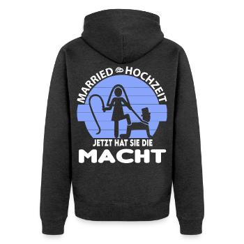 Junggesellenabschied Sie hat die Macht Peitsche - Unisex Premium Bio Zip Hoodie - Anthrazit meliert - Hinten - Nico (187cm)