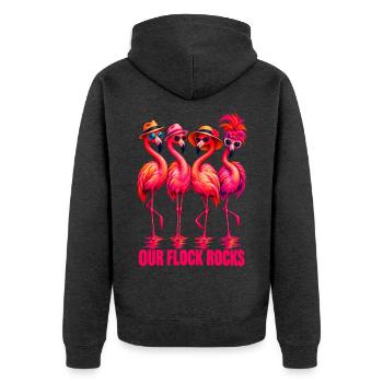 Our Flock Rocks Flamingo Summer Vacation - Unisex Premium Bio Zip Hoodie - Anthrazit meliert - Hinten - Nico (187cm)