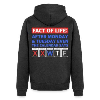 Fact of Life – Wednesday W, Thursday T, Friday F - Unisex Premium Bio Zip Hoodie - Anthrazit meliert - Hinten - Nico (187cm)