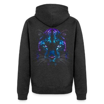 Blauer Lila-Wolkenleopard – Panther - Unisex Premium Bio Zip Hoodie - Anthrazit meliert - Hinten - Nico (187cm)