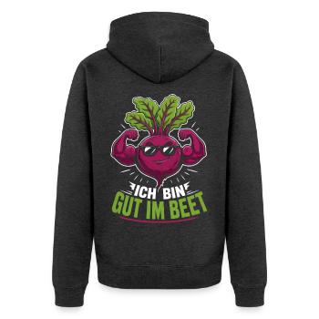 Ich bin gut im Beet Gärtner - Unisex Premium Bio Zip Hoodie - Anthrazit meliert - Hinten - Nico (187cm)