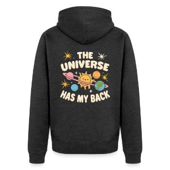 The universe got my back - Unisex Premium Bio Zip Hoodie - Anthrazit meliert - Hinten - Nico (187cm)