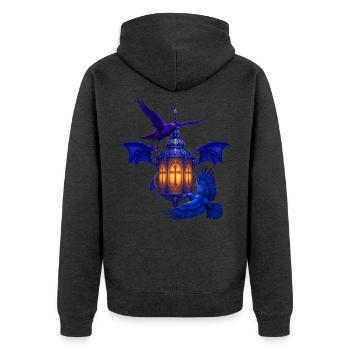 Blaues Lanternenlicht mit Raben - Unisex Premium Bio Zip Hoodie - Anthrazit meliert - Hinten - Nico (187cm)