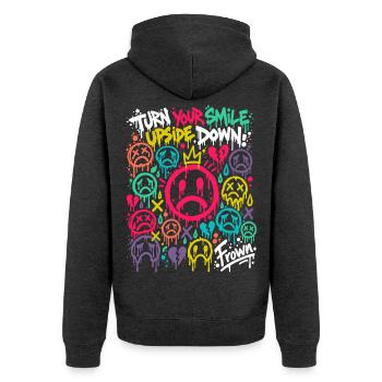 Frown – Traurige Gesichter im Graffiti-Stil BUNT - Unisex Premium Bio Zip Hoodie - Anthrazit meliert - Hinten - Nico (187cm)