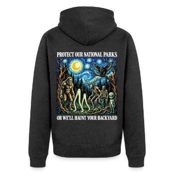Kryptid Van Gogh schützt unsere Nationalparks - Unisex Premium Bio Zip Hoodie - Anthrazit meliert - Hinten - Nico (187cm)