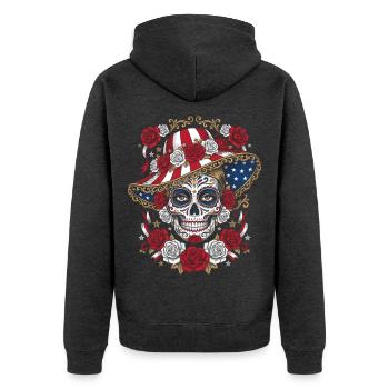 Day of the dead Catrina Schädel Amerika Stil - Unisex Premium Bio Zip Hoodie - Anthrazit meliert - Hinten - Nico (187cm)