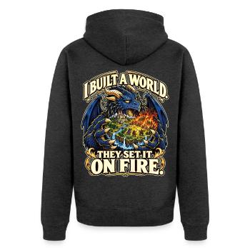Fantasy RPG – I Built a World They Set It on Fire - Unisex Premium Bio Zip Hoodie - Anthrazit meliert - Hinten - Nico (187cm)