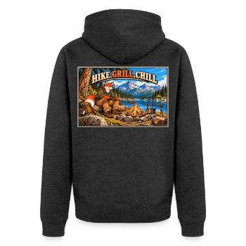 Wandern, grillen, entspannen – Campfire Fox - Unisex Premium Bio Zip Hoodie - Anthrazit meliert - Hinten - Nico (187cm)