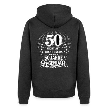 Nicht alt. Nicht retro. 50 Jahre legendär. - Unisex Premium Bio Zip Hoodie - Anthrazit meliert - Hinten - Nico (187cm)