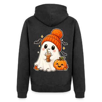 Cozy Ghost and Pumpkin Halloween - Unisex Premium Bio Zip Hoodie - Anthrazit meliert - Hinten - Nico (187cm)