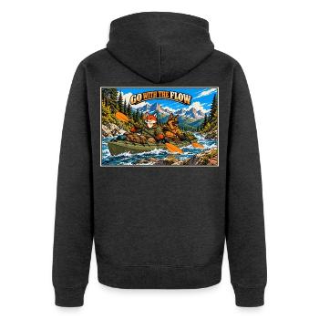 Abenteuer-Kajakfahren – Fuchs und Deutsche Schäferhund - Unisex Premium Bio Zip Hoodie - Anthrazit meliert - Hinten - Nico (187cm)