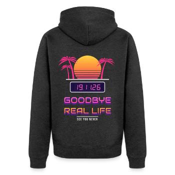 Goodbye Real Life 19.11. - Unisex Premium Bio Zip Hoodie - Anthrazit meliert - Hinten - Nico (187cm)
