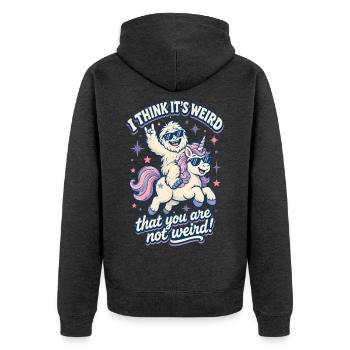 I Think It’s Weird Sasquatch Unicorn Bigfoot  - Unisex Premium Bio Zip Hoodie - Anthrazit meliert - Hinten - Nico (187cm)